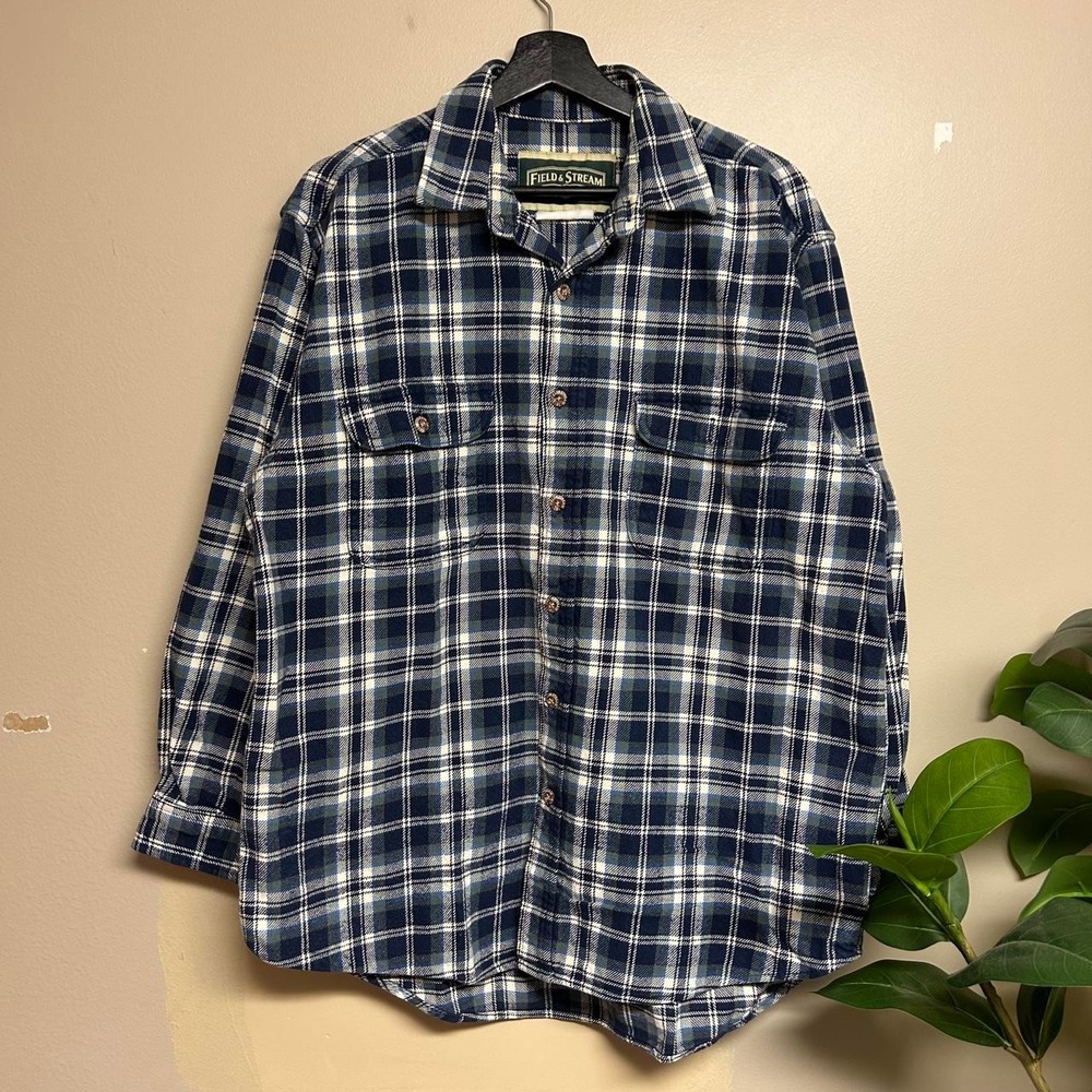 Vintage 90s Field & Stream Heavyweight Flannel Shirt Mens XL Navy Blue Plaid